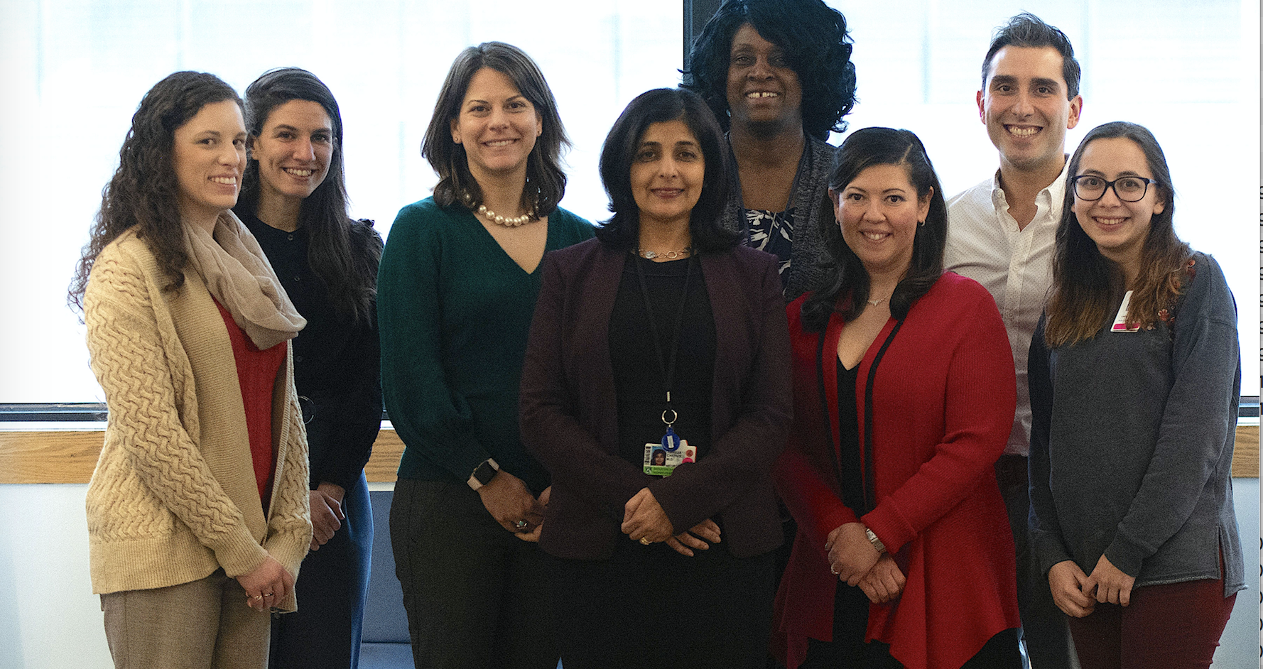 Left to right: Tracy Popkin, RN, CPN (Nurse); Maria Theodorakakis, PhD (Neuropsychology Fellow); Ellen O'Donnell, PhD (Neuropsychologist); Tanuja Chitnis, MD (Clinic Director);  Jackie Brown (Patient Services Coordinator); Katia Canenguez, PhD, EdM (Psychologist); Jonathan Santoro, MD (Clinical Fellow); Paola Castro, BA (Study Coordinator)